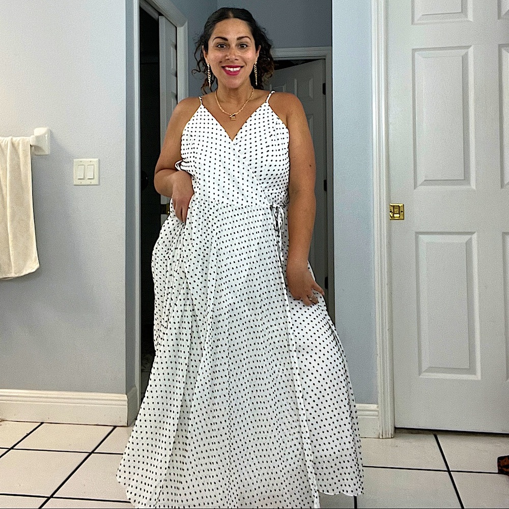 Double wrap EXPRESS dress. White with black stitched on polka dots